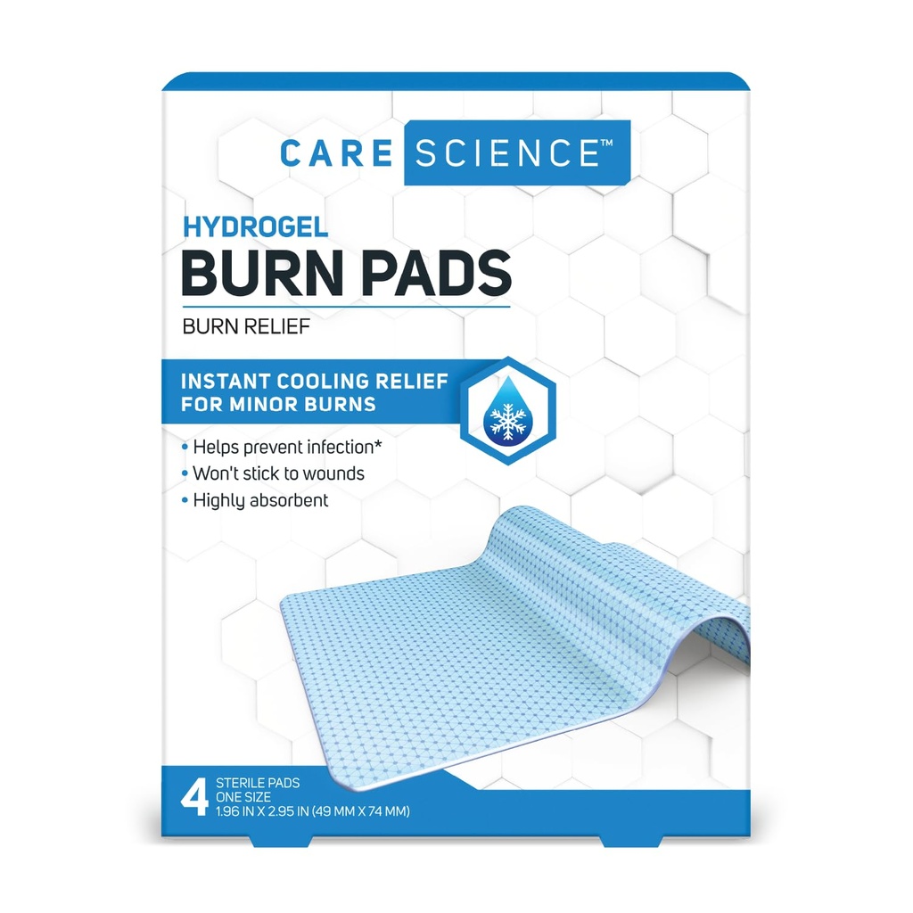 Care Science Hydrogel Sterile Burn Dressing Bandage for Burn Relief, 4 ct Instant Cooling Relief untuk Minor Burns & Wounds