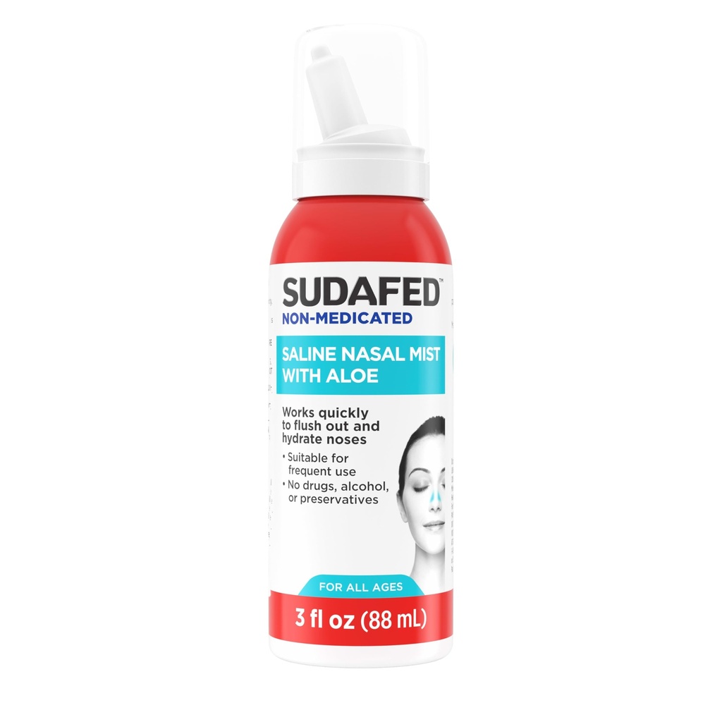 Sudafed Non- Obat Saline Nasal Mist dengan Aloe, Sinus Saline Nose Spray untuk All Ages Quickly Flushes & Moisturizes Nasal Passages, Gunakan Nasal Mist sebagai Seringkali Diperlukan, Drug-Free, 3 fliz