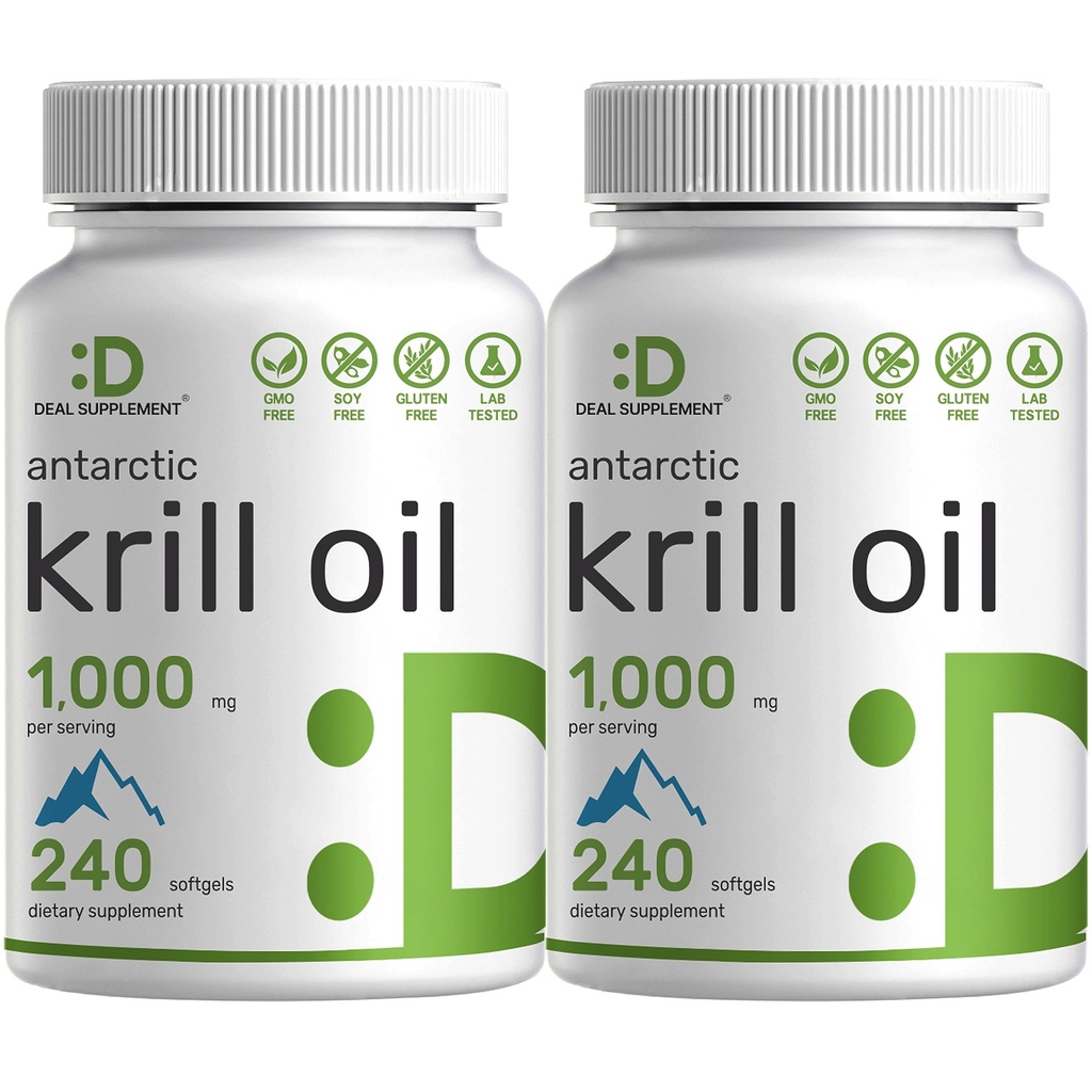 DEAL SUPLEMENT 2 Pack Antarctic Krill Oil, 1,000mg Per Serving, 480 Softgels - Mercury Free, No Fishy Taste - Rich in Omega- 3, EPA, DHA, Astaxanthin, & Phospholipids - Non-GMO, No GMO, No Gluten