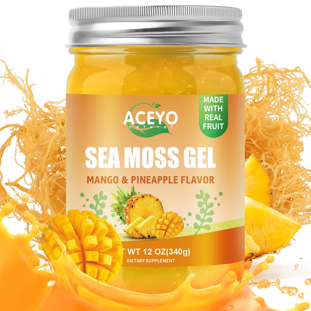 ACEYO (12 OZ) Irish Sea Moss Gel Vegan Mango Pungeapple Flavor 102 Vitamin dan Minemins Wild Harowed None-GMO Defense Booster Thyroid Digetsy Support