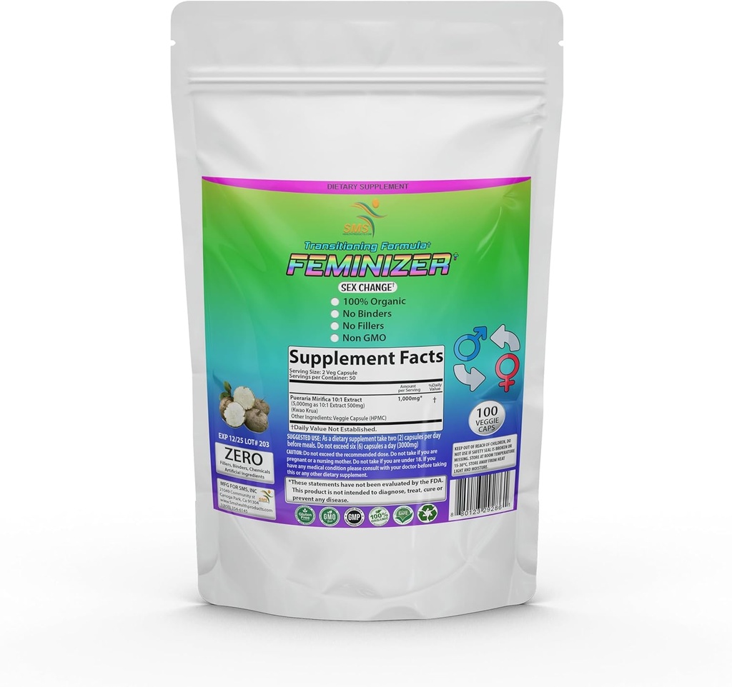 Feminzer Sex Cholls oleh SMS, 100 Veggie Caps Pueraria Miffica Untuk Estrogen 1.000mg Pure 10: 1 Root Extract Powder - Kwao Kao - Premium Grade, Organic for Women, Transgender, Ladyboy, LGBT