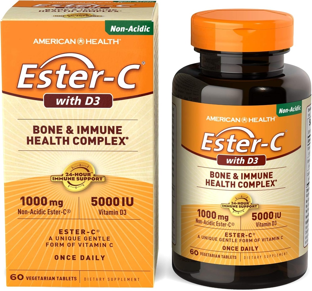 American Health EsterC with D3 Bone Ammune Complex Vegetarian Tablet 24Hour Immune Dukung 1000 mg EsterC 5000 IU Vitamin D3 NonAcidic Servings, 60 Count
