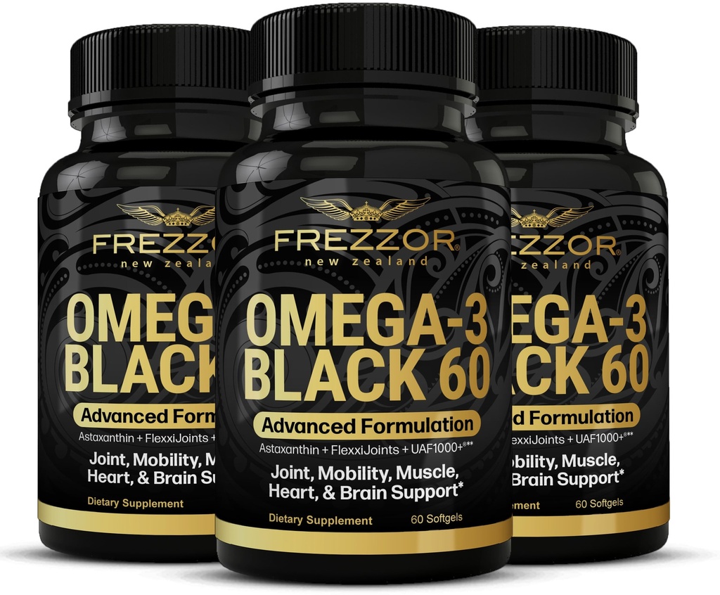 FREZZOR Omega 3 Black for Joint Care & Comfort - New Zealand Green Lipped Mussel Oil Capsules; 53x Higher Potency with UAF1000 + Super Antioksidant, No Fishy Aftertaste, 60 Count (Paket 3)