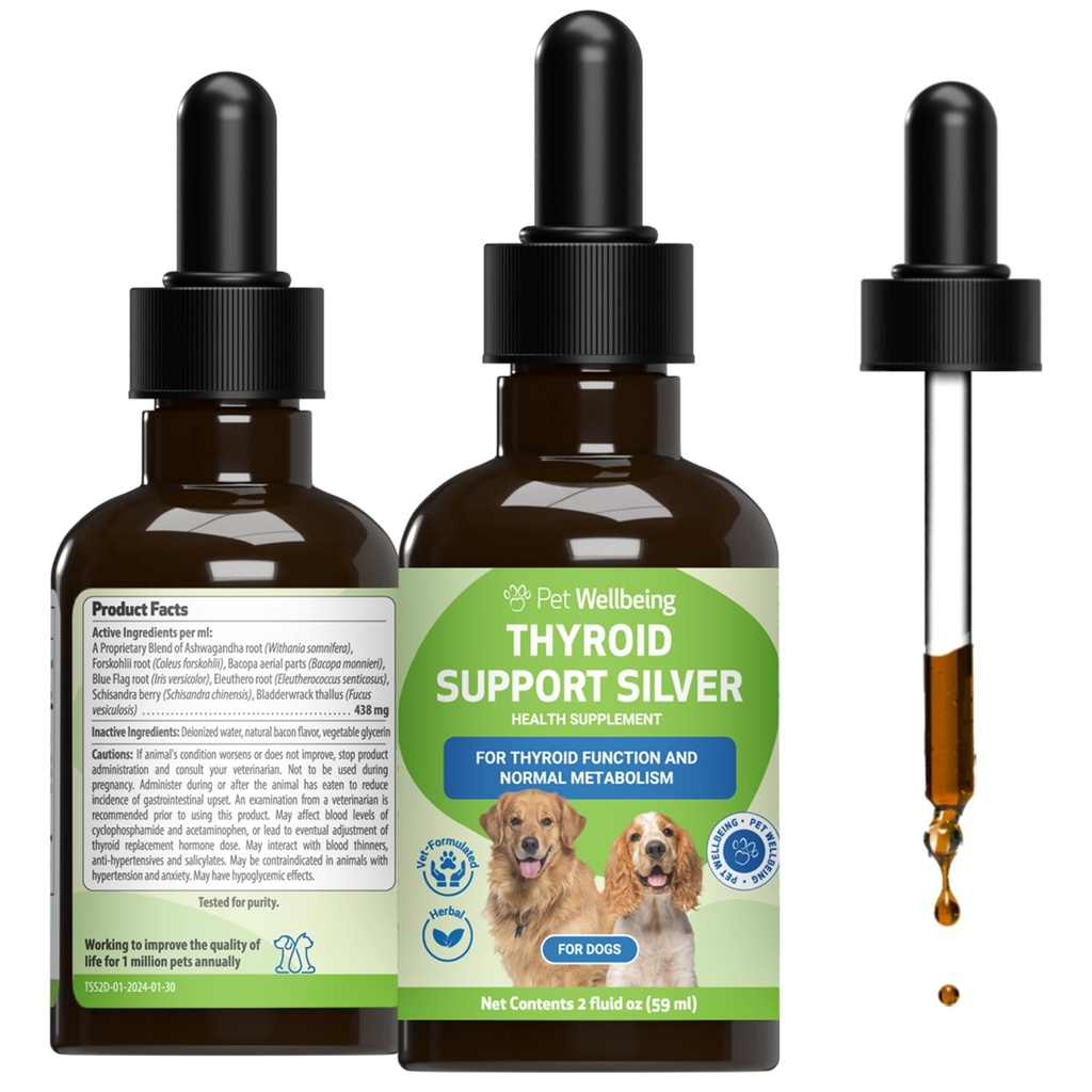 Pet Wellsbeing Thyroid Dukung Perak untuk Anjing - Mendukung Fungsi Thyroid Balanced, Metabolisme Sehat, Energi Normal, Ashwagandha, Bacopa - Veteriniarian - Formulasi Herbal Tambahan 2 oz (59 ml)