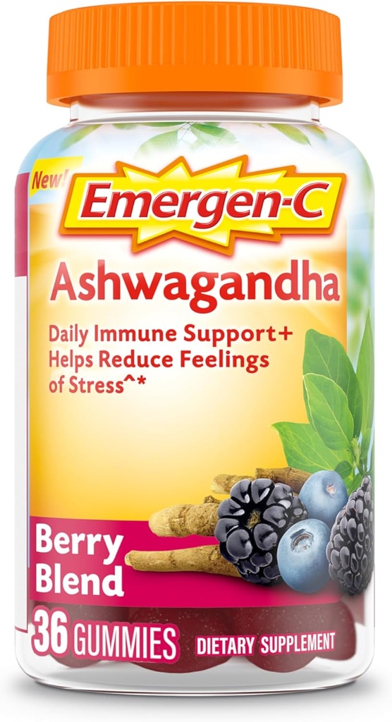 Emergen- C Vitamin C dan Ashwagandha Gummies, Dietary Suplemen untuk Dukungan Imune, Berry Blend, Kembali ke Esentials Sekolah - 36 Count