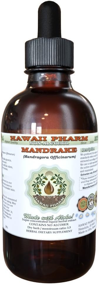Hawaii Pharm Mandrake Alcohol- Free Liquid Extract, Mandrake (Mandragora Officinarum) Root Kering Glycerite Natural Herbal Suplemen, USA 2 oz