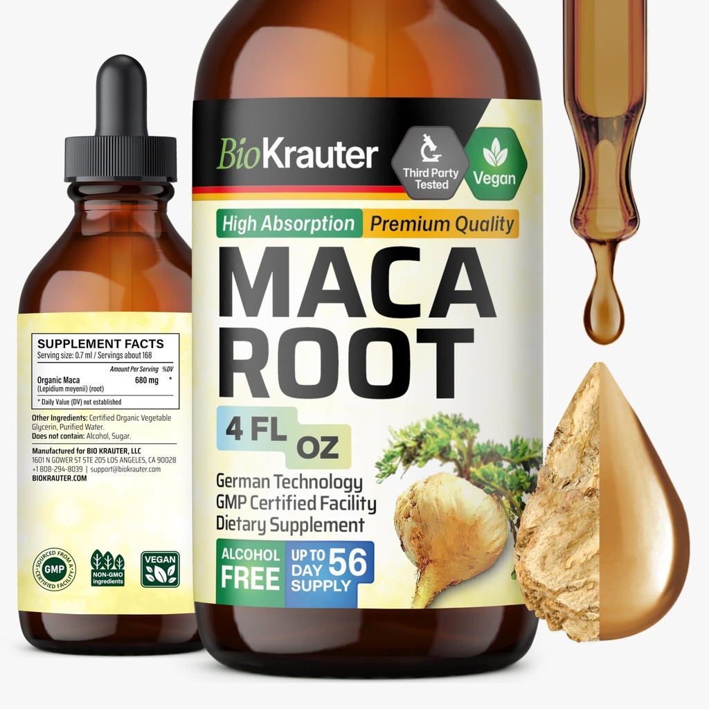 BIO KRAUTER Maca Root Liquid Drops - Maca Extract Taincture - Vegan, Sugar & Alkohol Free Extract 4 Fl.Oz.