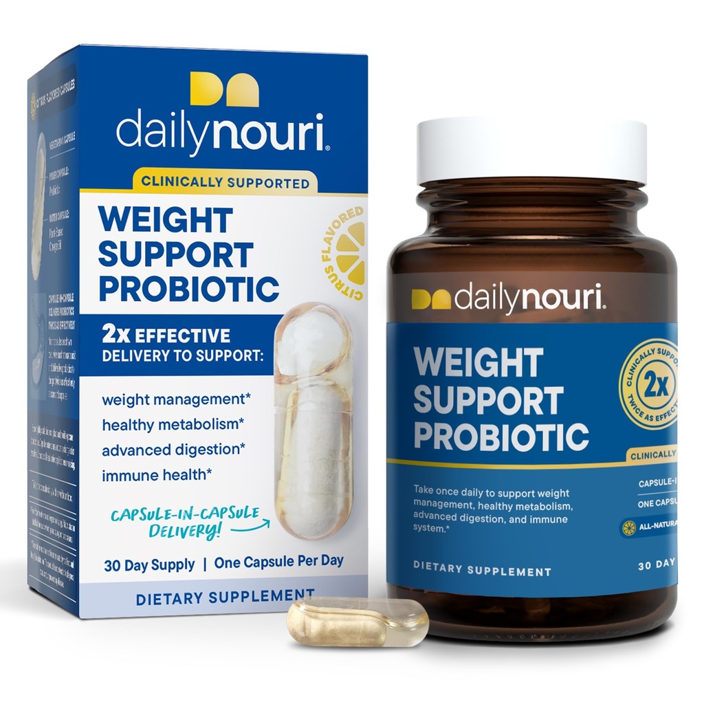 Daily Nouri Weight Dupport Probiotic for Women & Men Alag4r Supports Healthy Weight Management, Metabolisme, Dibuble & Gut Health 124; 3 Clonical Studied Strains + Vegan Omega Oil 124; 30- Day Supply