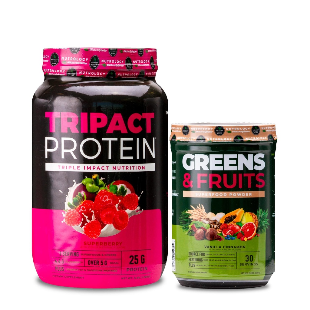 Powder Protein Nutrologi TRIACT, 7-1 Pengganti Meal Shake, Superberry (40 Pelayan) Hijau & Buah-Bubuk Tentu Diberi Superfood, Vanilla Cinnamon (30 Pelayan)