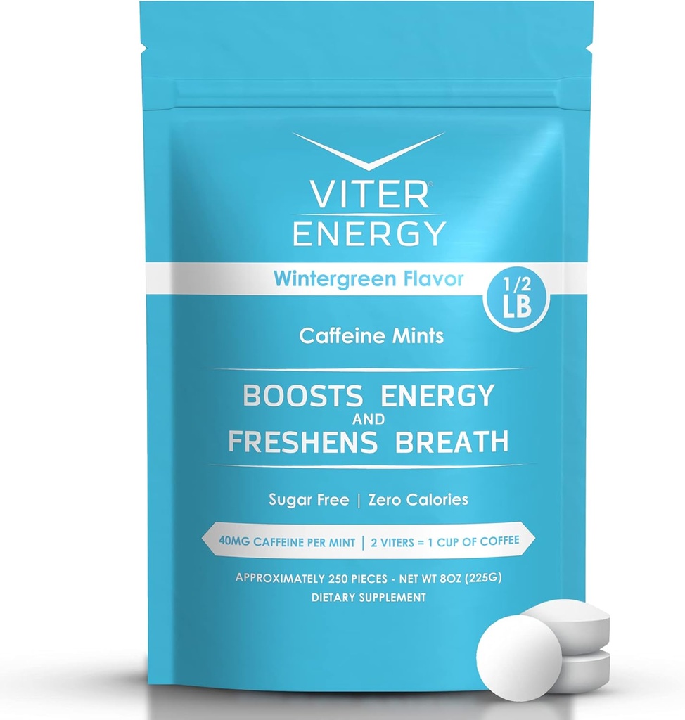 Viter Energy 40mg Caffeine Mints - Sugar Free, B Vitamin, Vegan, Boosts Fast Energized Alert Focus, Caffeinated Nootropic Supplemen (Wintergreen Flavor, 8oz, Bulk Bag)