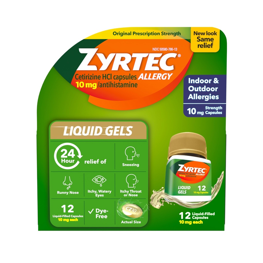 Zyrtec 24 Hour Relief Liquid Gels, Antihistamin Capsules dengan Cetirizine HCI Medicine for All-Day Relief from Runny Nose, Sneezing, Itchy Eyes & More, 12 Count