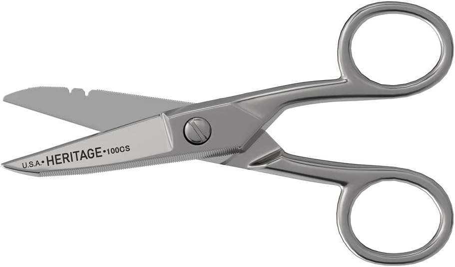 Perkakas Klein 100CS Semua Tujuan Gunting Precision, Dibuat di AS, 5.25-Inch Nickel- Dipasang Potong, Blunt Tip, dan Wire Stripping Notches, Multi- Tujuan Untuk Profesional dan Penggunaan Rumah