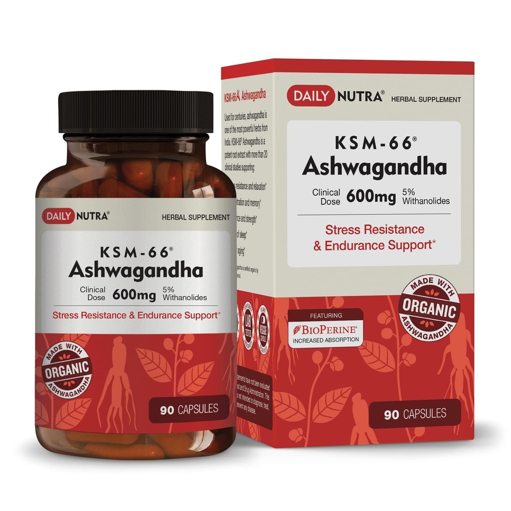 DailyNutra KSM-66 Ashwagandha 600mg Root Extract - Potacy Suplemen Tinggi dengan 5% Witnollides 124; Relieves Tiredness, Supports Relaxation, Focus, Energy, & Muscle Growth (90 Capsules)