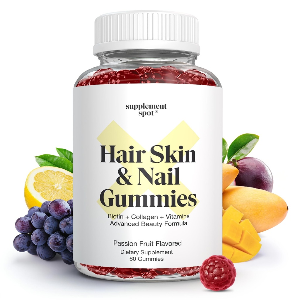 Skin dan Nails Vitamin, 6000 mcg Biotin Gummies w / Collagen, Passion Fruit Flavored Hair Vitamin, Gluten Free Collagen Suplemen (60 Count)
