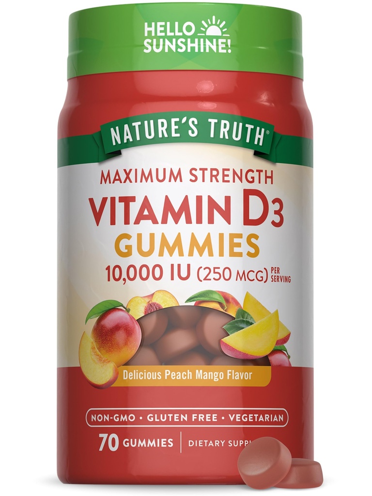 Nature 's Truth Vitamin D3 Gummies 124.000 IU 124; 70 Count 124; Peach Mango Flavor 124; Vegetarian, Non- GMO & Gluten Free Suplemen