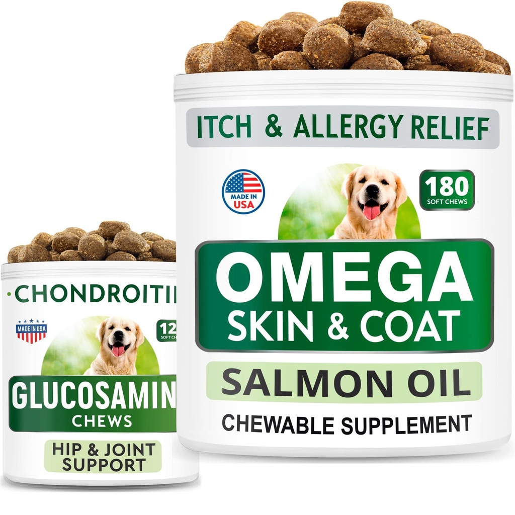 Bark & SPARK Glucosamine Dog Treats + Omega 3 for Dogs Bundle - Hip Support and Join Pain Relief Suplement + Fish Oil Chews for Shedding, Skin Allergy, Itch Relief, Skin dan Coat Suplemen