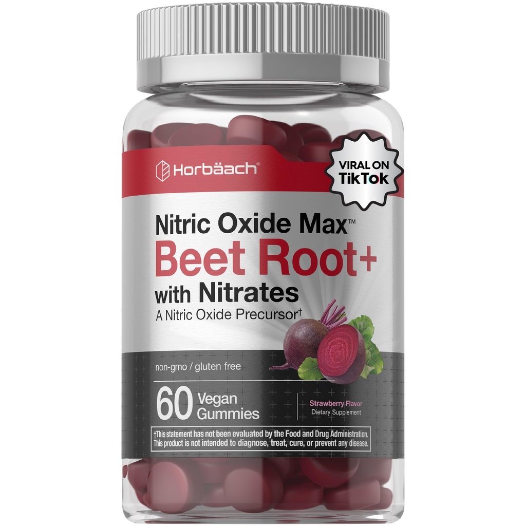 Horbäach Nitric Oxide Beet Root Gummies 126; 60 Count 124; dengan Nitrates 124; Strawberry Flavor 124; Vegan, Non- GMO, Gluten Free Supplemen