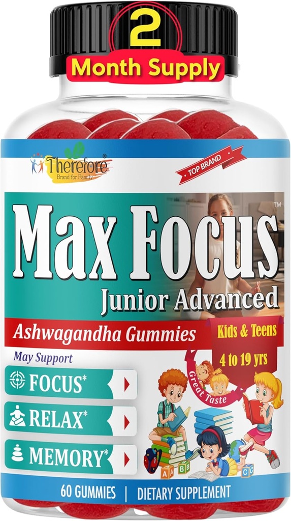 Max Focus Junior - Anak-anak Fokus & Calm Gummies 124; Calming & Attention Support for Children & Teens with Ashwagandha 124; Brain Vitamins 124; Vegan, Non-GMO, 60 Gummies