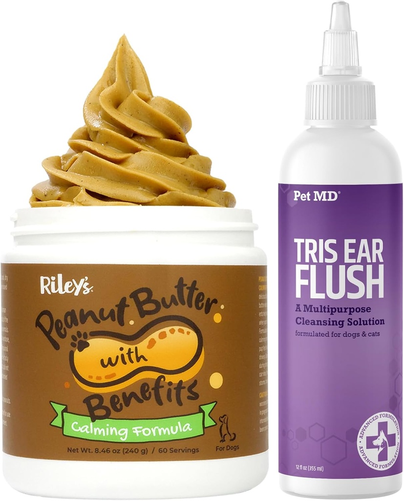 Pet MD Veterinary Tris Ear Flush + Riley 's Calming Peanut Butter for Dogs