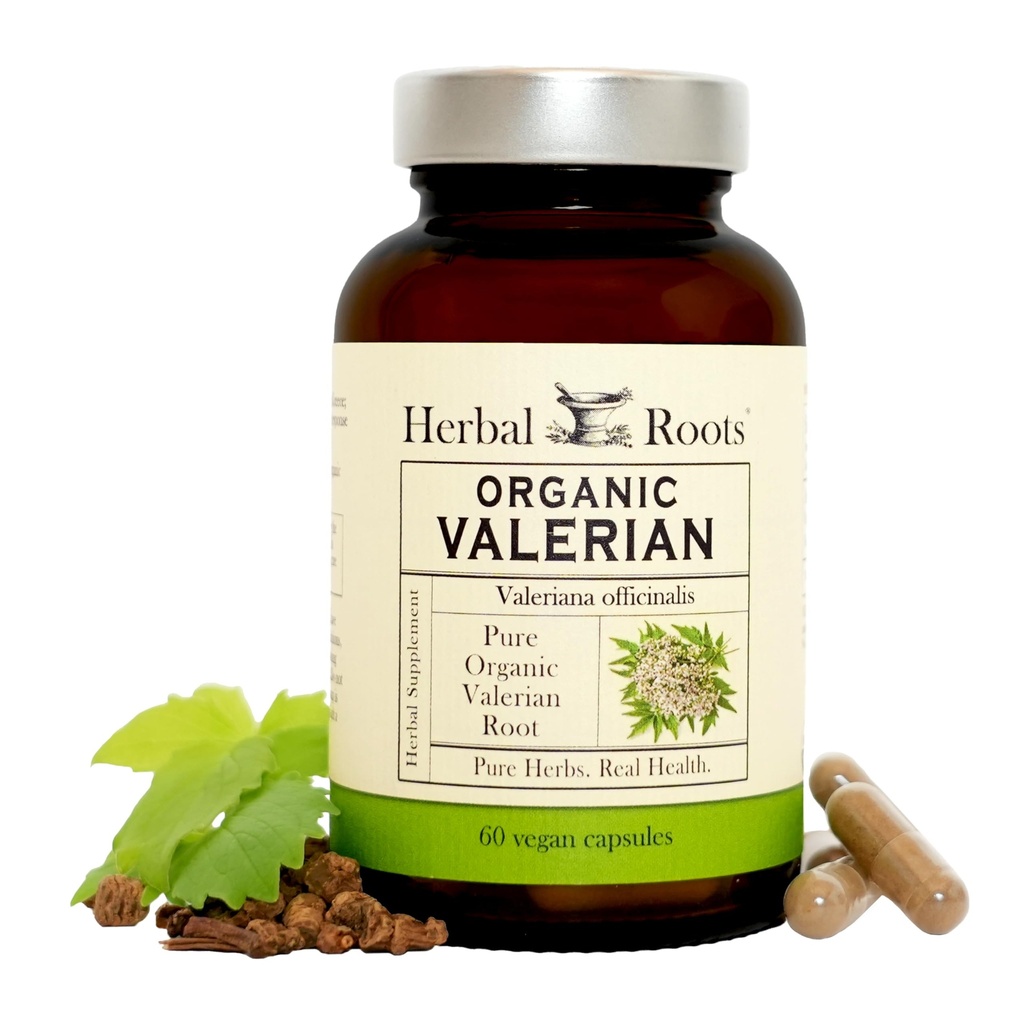 Herbal Roots Pure Organic Valerian Root Capsules - 900 mg - Non- Habit Forming tanpa Melonatonin, Non-GMO - 60 Count Vegan Kapsules, Herbal Suplemen
