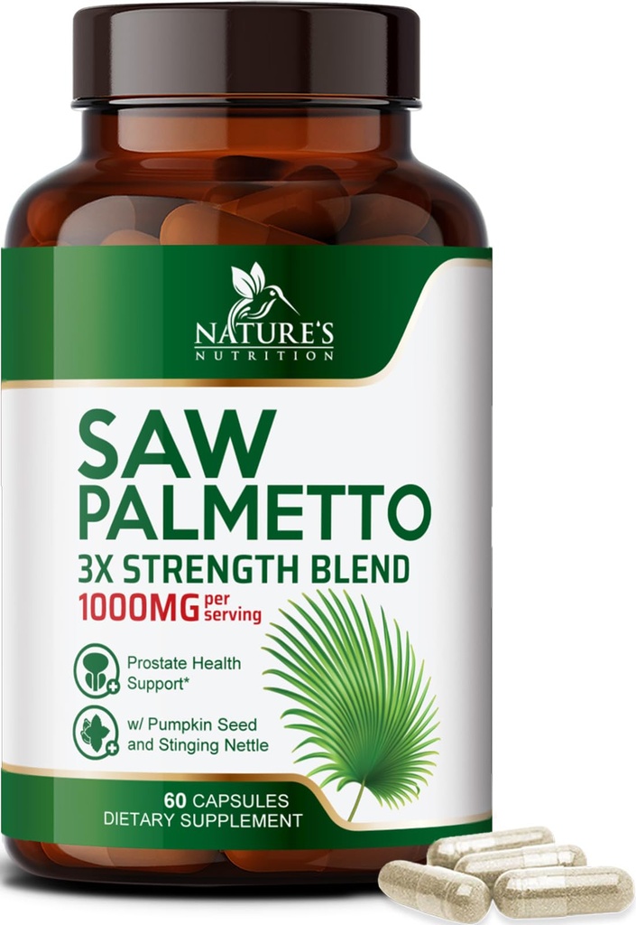Saw Palmetto for Men 1000MG - 3X Strangtate Health Suplement - Herbal Extract Suplemen Prostate for Health Support, Prostate Urinary & Hair Health - 60 Capsules