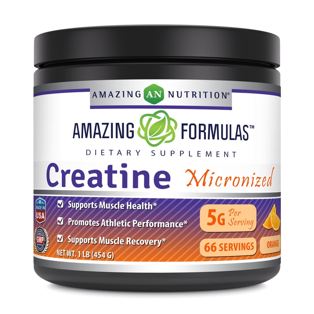 Amazing Formulas Micronized Creatine Monohydrate Supplemen 124; 5000 mg Per Serving 14; Ideal Pre & Post Workout Suppplemen (1 LB, Orange)