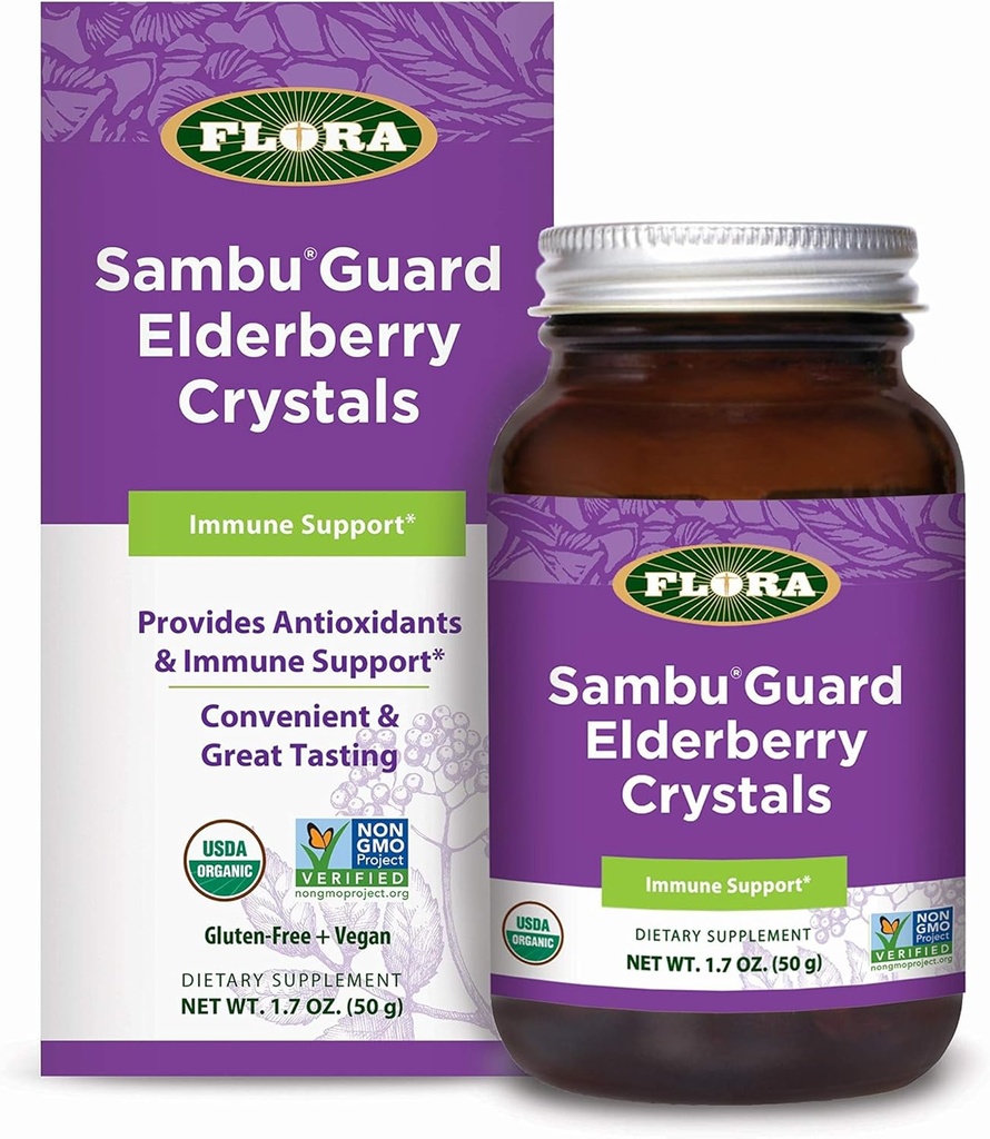 Flora - SambuGuard Elderberry Crystals, Menyediakan Antioksidan & Imune Dukungan, Kebal Kebal, Detox Tubuh, Energi Boost, 1.7-OZ. Bubuk