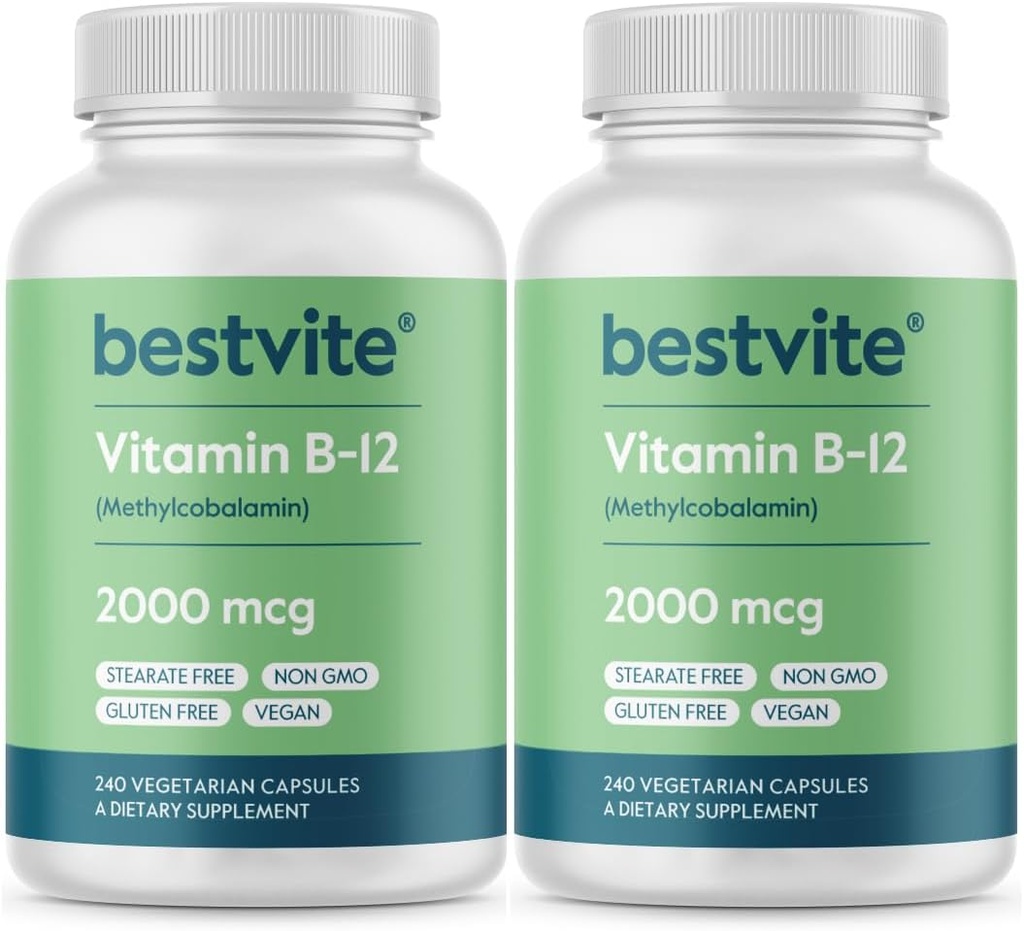 BestVITE Vitamin B12 (Methylcobalamin) 2000mcg (480 Vegetarian Capsules) (2 x 240) (Metil B12) - Tidak Stearat - Vegan - Non GMO - Gluten Bebas