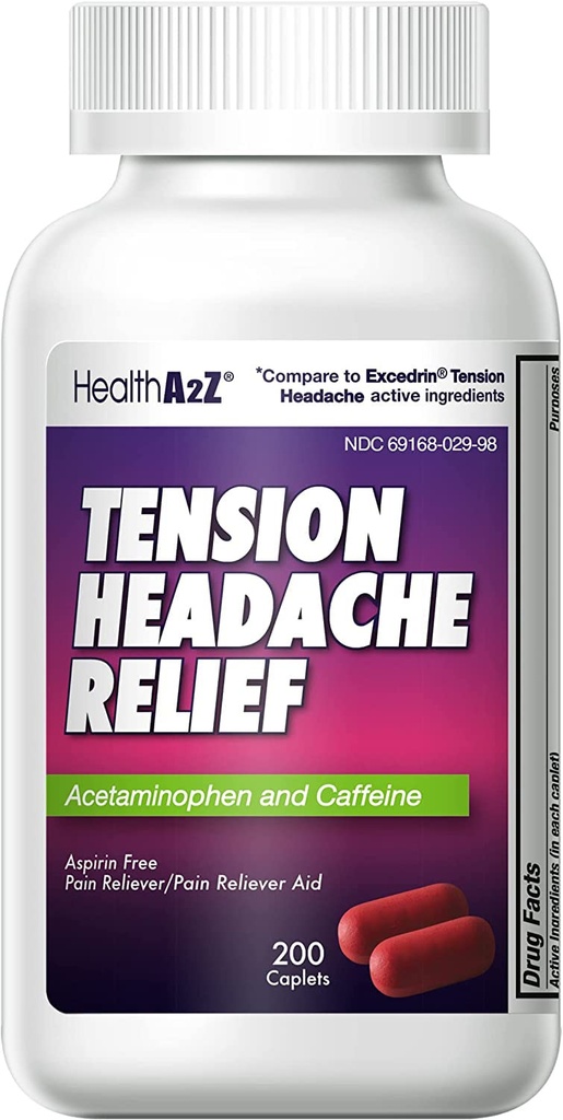 HealtA2Z ® Tension Headache Relief 124; Acetaminophen 500mg 124; Caffeine 65mg 12.4; Pain Reliever Aspirin Free (200 caplets (Paket 1)