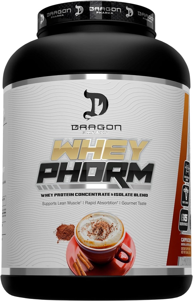 DRAGON PHARMA Whey Protein Blend, Pengaruh Cepat, Gluten Free, 100% Whey Protein, WheyPhorm, Maksimalkan Recovery, Great Tasting, 25 Grams Protein (65 Servings, Cappuccino)