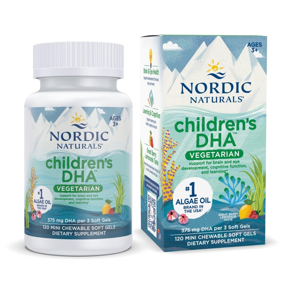 Nordic Complations Children 's DHA Vegetarian - Kids DHA Omega-3 Suplemen -Algae Oil - Berry Lemonade Mini Chewables - Plant - Based Formula for Ages 3 + - 120 Soft Gels - 40 Servings
