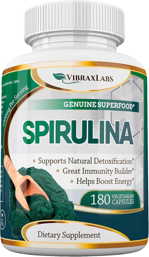 Vibraxlab Spirulina Capsules - 100% Pure 1000mg Serving (500mg Vevgie Capsules) Powder Suplemen, Mendukung Detoksifikasi Alam, Manfaat Kesehatan Pada Tingkat Seluler, Terbaik dengan Chlorella