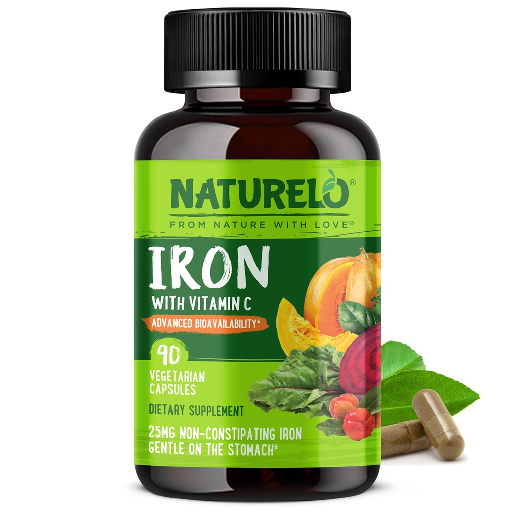 NATURELO Vegan Iron Suplement with Vitamin C and Organic Whole Foods