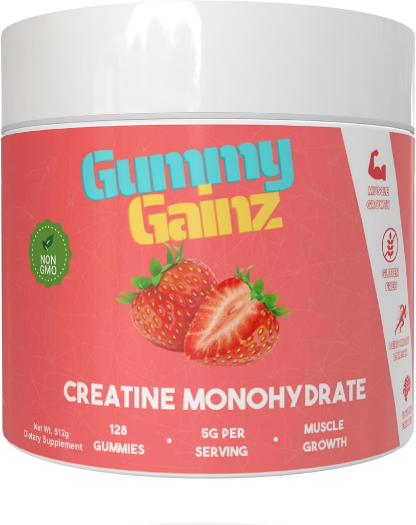 Cretine Monohydrate Gummies Strange Builder Gain Faster Recovery 5000mg for Men & Women Boost Energy Pre-Workout Chewables Suplemen 128ct (Reguler, Strawberry)