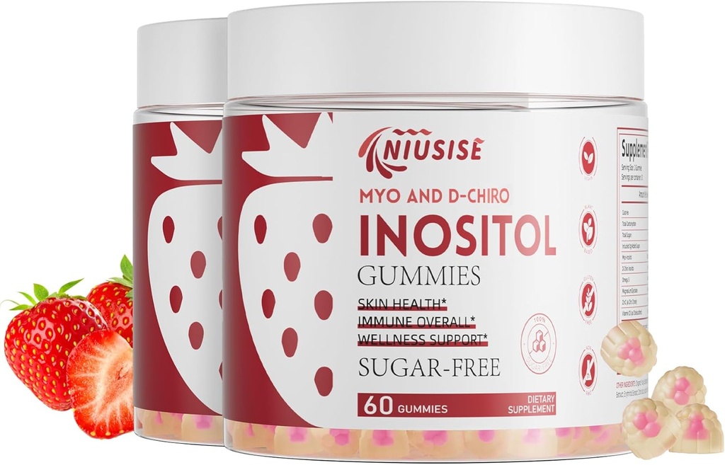 Inositol Gummies, Inositol Suplemen dengan Myo- Inositol & D-Chiro Inositol + Vitamin D3, Ideal 40: 1 Rasio, dengan Magnesium Glycinate 400mg, Tambahan Siklus Reguler untuk Perempuan, Vegan, 2 Pack