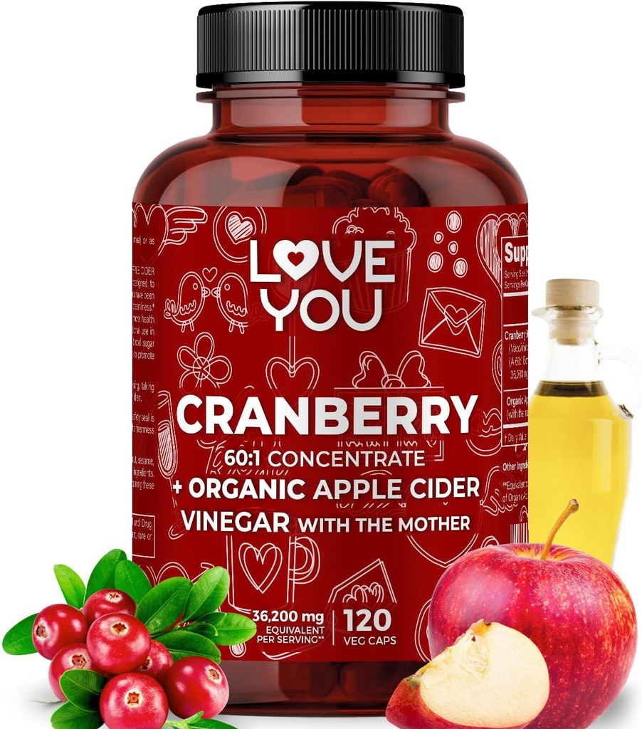 Love You Cranberry 60: 1 Extract + Organic Apple Cider Vinegar - Max Strength 36.200 mg Equivalen - 120 Vegan Capsules