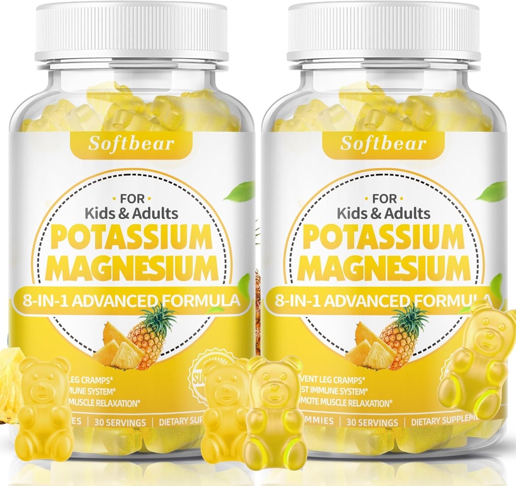 Slowbear Potasium Gummies for Dewasa, Sugar- Free Potasium Magnesium Tambahan dengan Vitamin B6 CoQ10 untuk Kepiting Vegan Pineapple Flavor 120 Gummies