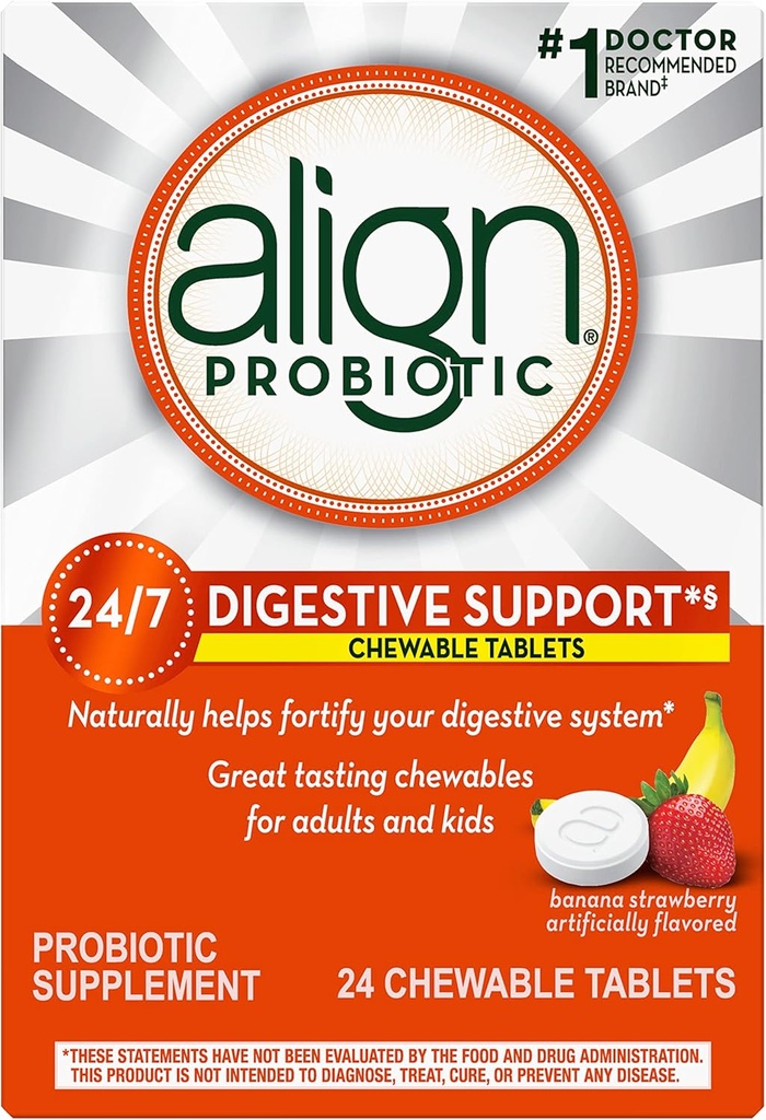 Probiotik Align, Tablets Probiotik Chewable untuk Perempuan dan Pria, Membentengi Sistem Digesik Anda 24 / 7 dengan Bakteria Sehat, # 1 Rekomendasi Probiosis oleh Dokter dan Gastroenterologi, 24 Tablet