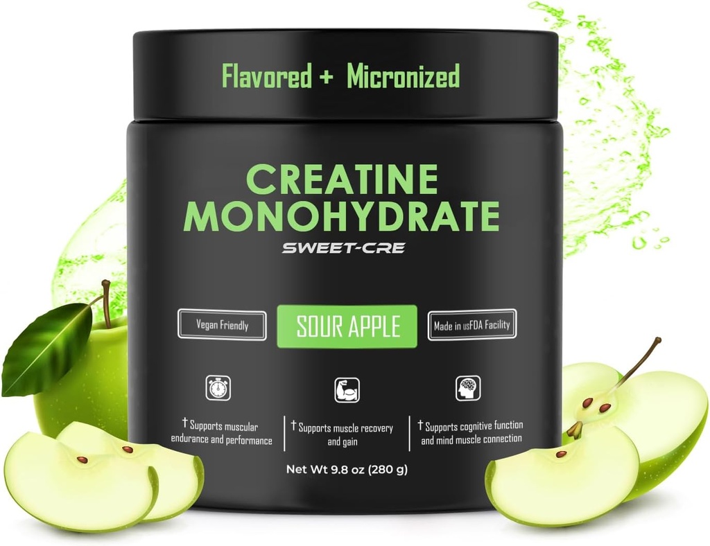 Cretine Monohydrate - 5g Creatine Monohydrate Powder - Advanced Creatine for Women - Bulk Suplemen Creatine - Delicious Fruit Flavor - 10oz (40 Servings, Sour Apple)