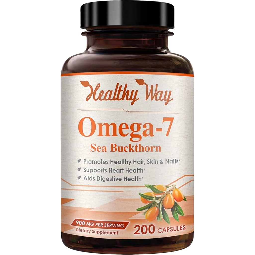 Omega 7 Fatty Acids 200 Capsules 900mg Natural Sea Buckthorn Oil, NON- GMO USA Made