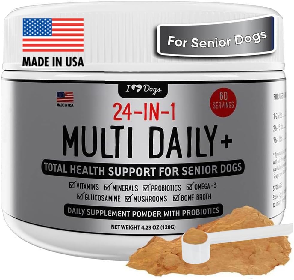 iHeartDogs 24- 1 Multivitamin Senior Daily + Total Supder Kesehatan dengan Prograine, Omega-3, Glucosamin, Mushroom & Bone Broth- 60 Servings