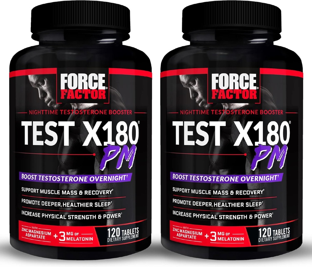 FORCE FACTOR Test X180 PM, 2- Pack, Testosterone Booster for Men, Overnight Testosterone Suplemen untuk Membangun Otot, Meningkatkan Kekuatan, dan Propiness Deeper, Healthier Tidur dan Pemulihan, 240 Tablet
