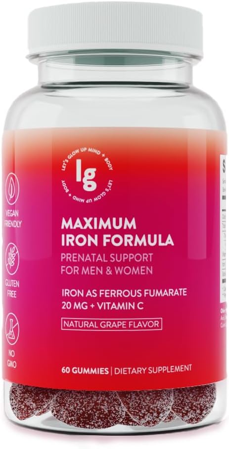 Iron Gummies - 20 mg High Absorpsi Besi + Vitamin C, B12 & Folate - Vegan, Non GMO, Gluten Free - Energi & Anemia Dukungan - 60 Ct