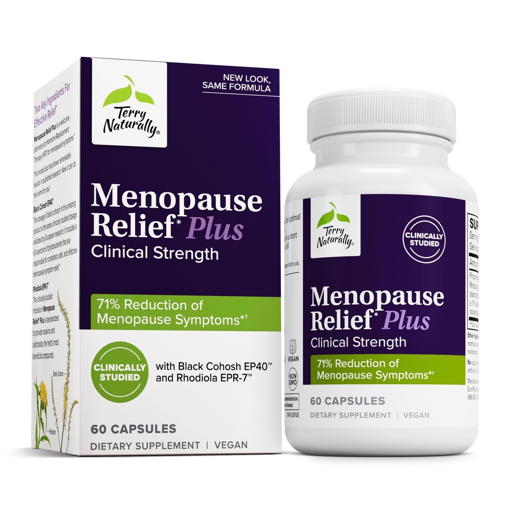 Relief Terry Alami Menopause Plus - Menopause Symptom Suplement - Suplemen Bantuan Terhadap Kesertaan Okusional & Cuaca Malam - Tambahan dengan Rhodiola & Black Cohosh - 60 Capsules