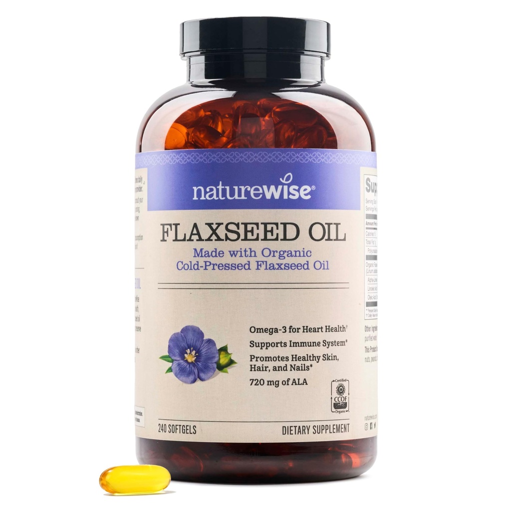 Naturrewise Flaxseed Oil 1.242 mg, Fish Free Omega 3 6 9 with 720mg ALA, Dietary Support for Heart Health - Organic, Cold Pressed, Non-GMO - 240 Softgels [8-MonthSupply]