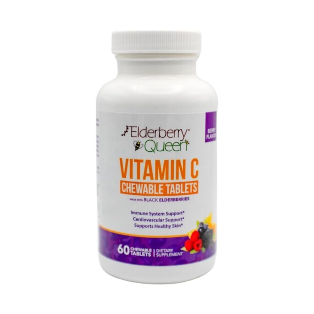 Elderberry Queen Chewable Vitamin C 500mg - Imune Boost & Antioksidant Dukungan Tablet dengan Vitamin A, E & Organic Echinacea, Elder Fruit, Acerola - Natural Dietary Suppplemen, 60 Count
