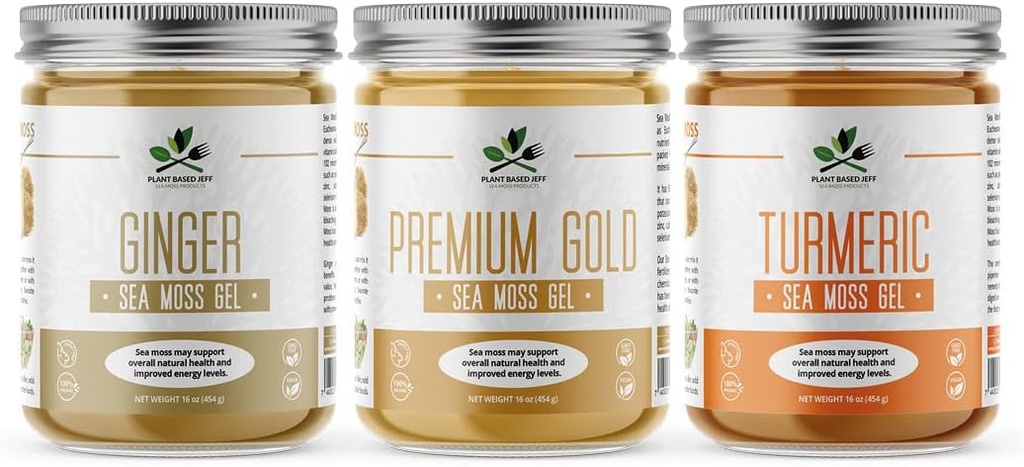 Tanaman berbasis Jeff Organik Moss Gel Bundle dengan Turmeric, Ginger, Plain, 3x16 oz.