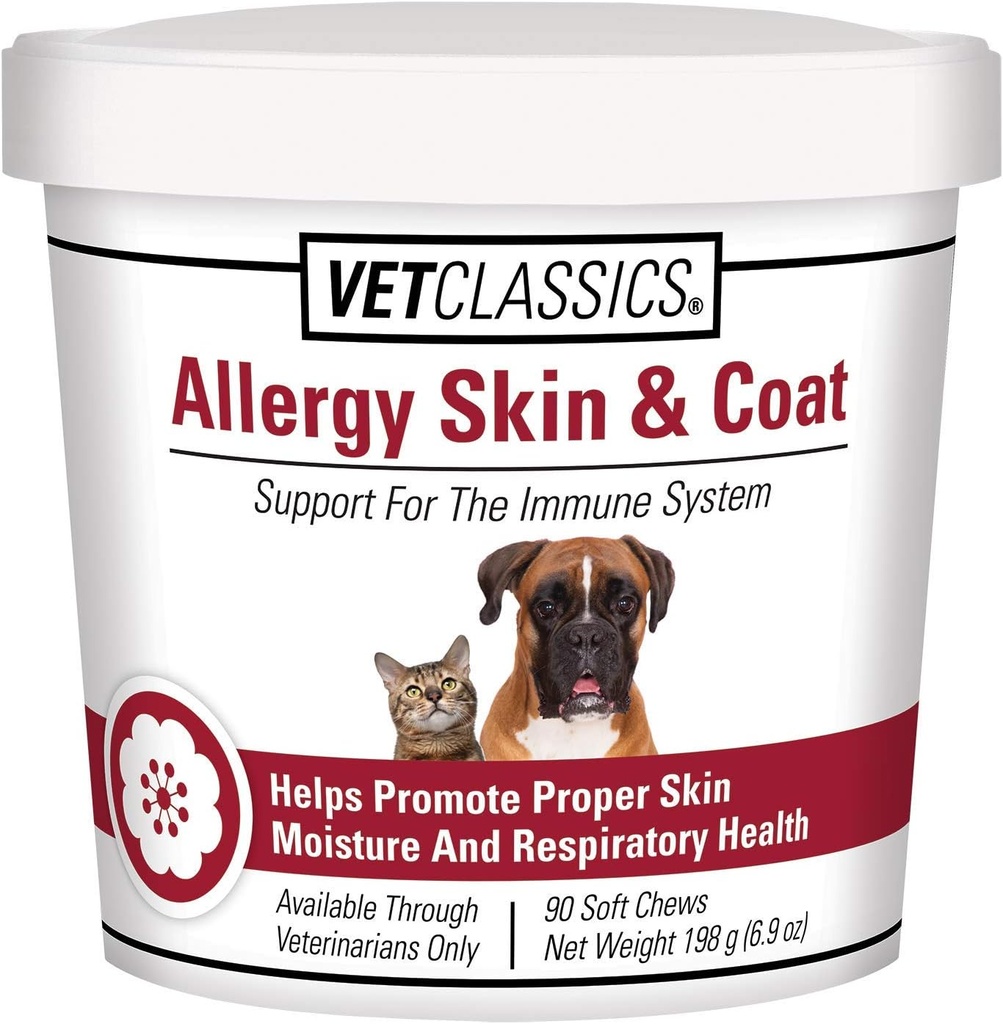 Vet Classics Allergy Skin & Coat Dupport Pet for Dogs & Cats - Pet Health Supplement for Cat Skin Moigies, Dog Allergies, Pet Respiratory Heal- Termasuk Antioksidants - Soft Chews 90 Ct.