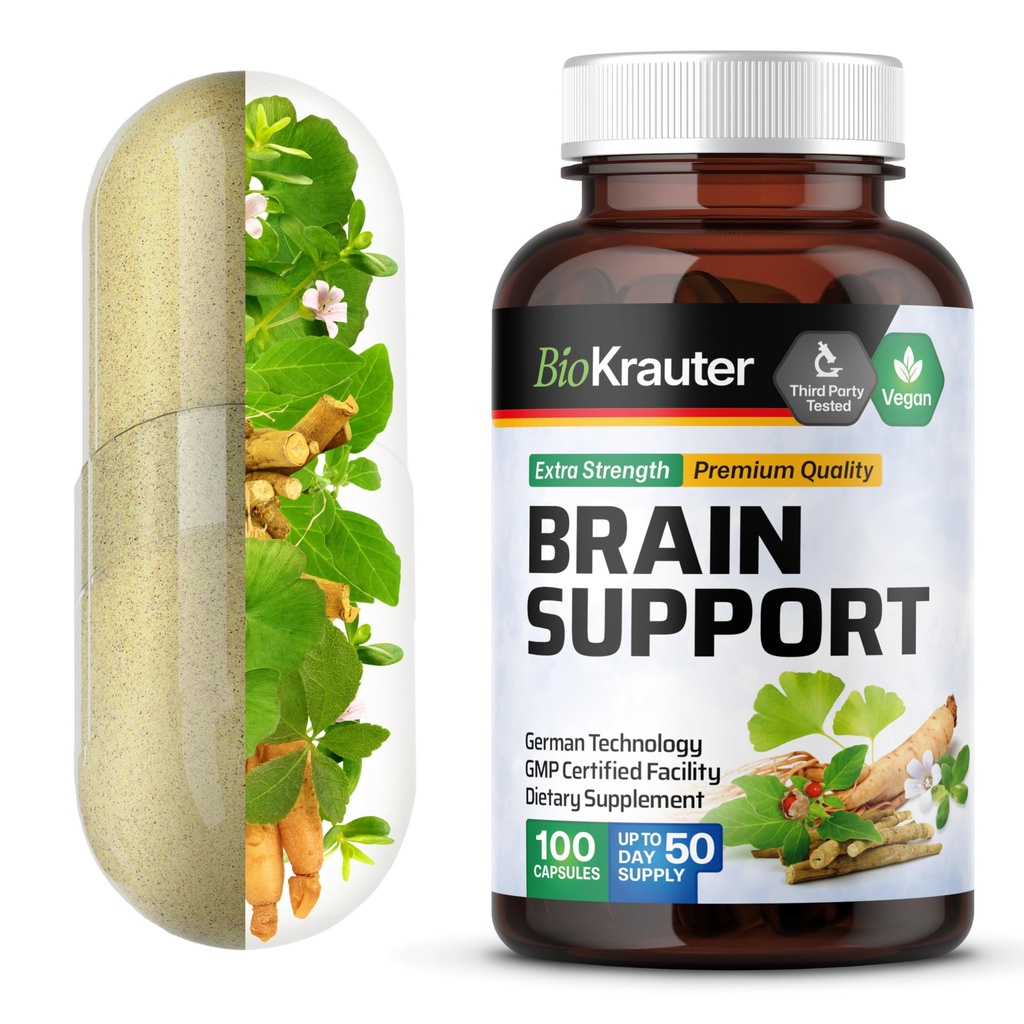 BIO KRAUTER Brain Suppplement - 100 Count - 1300 mg Blend of Ashwagandha, Panax Ginseng dan Ginkgo Biloba - Vegan, No Fillers