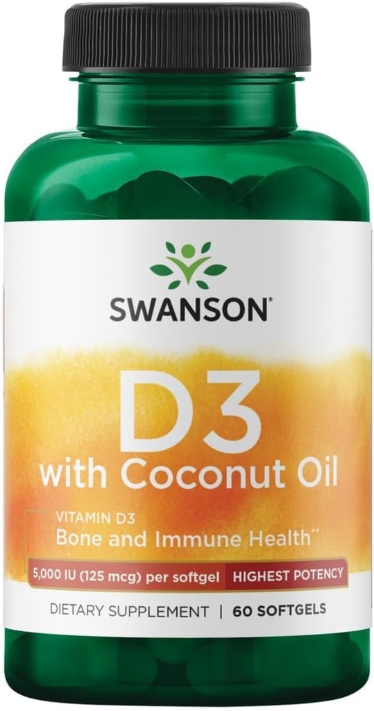 Swanson High Potency Vitamin D-3 w / Coconut - Suplemen Alami Memproyeksikan Dukungan Bone & Imune Sistem - May Help Ingrace Calcium Absorpsi - (60 Softgel, 125mcg Masing-masing)
